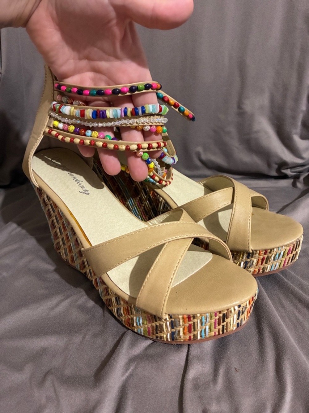 Beaded Ankle-Strap Tan Wedge Sandals